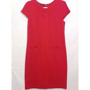 Talbots Shift Dress Sz‎ 6 Red V- Neck Cap Sleeve Knit Stretch Pockets Zipper